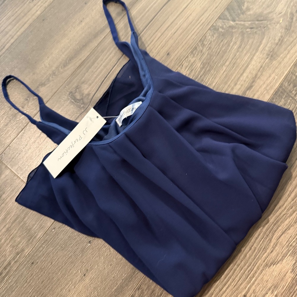 JJ Perfection Navy Blue Pleated Chiffon‎ Camisole Tank Top AWTTK0331 Large